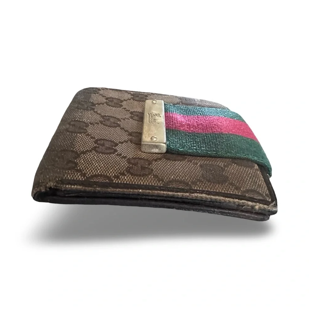 Gucci Sherry Line Red/Green Stripe GG brown canvas leather wallet with dust bag - Picture 6 of 13